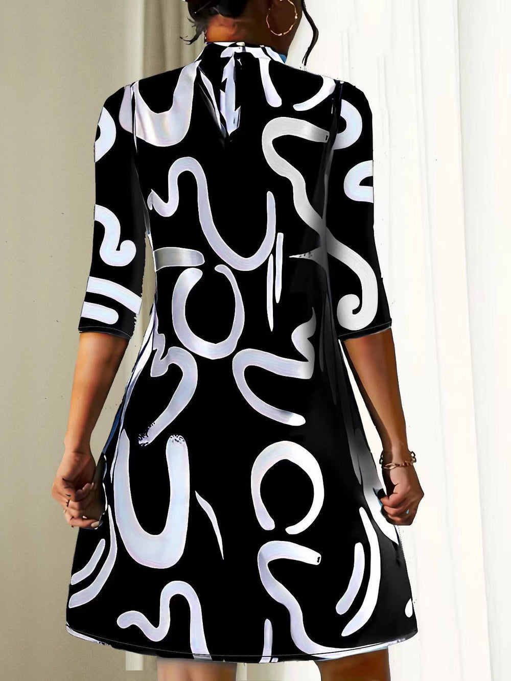 Women’s High-Neck Mini Dress with Three-Quarter Sleeves