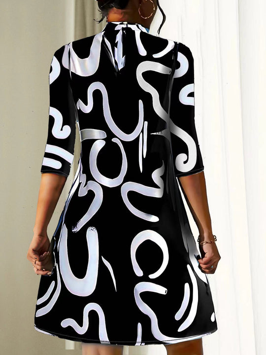 Women’s High-Neck Mini Dress with Three-Quarter Sleeves