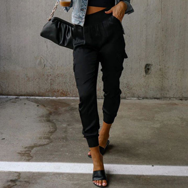 Women's High-Rise Satin Cargo Trousers with Functional Pockets