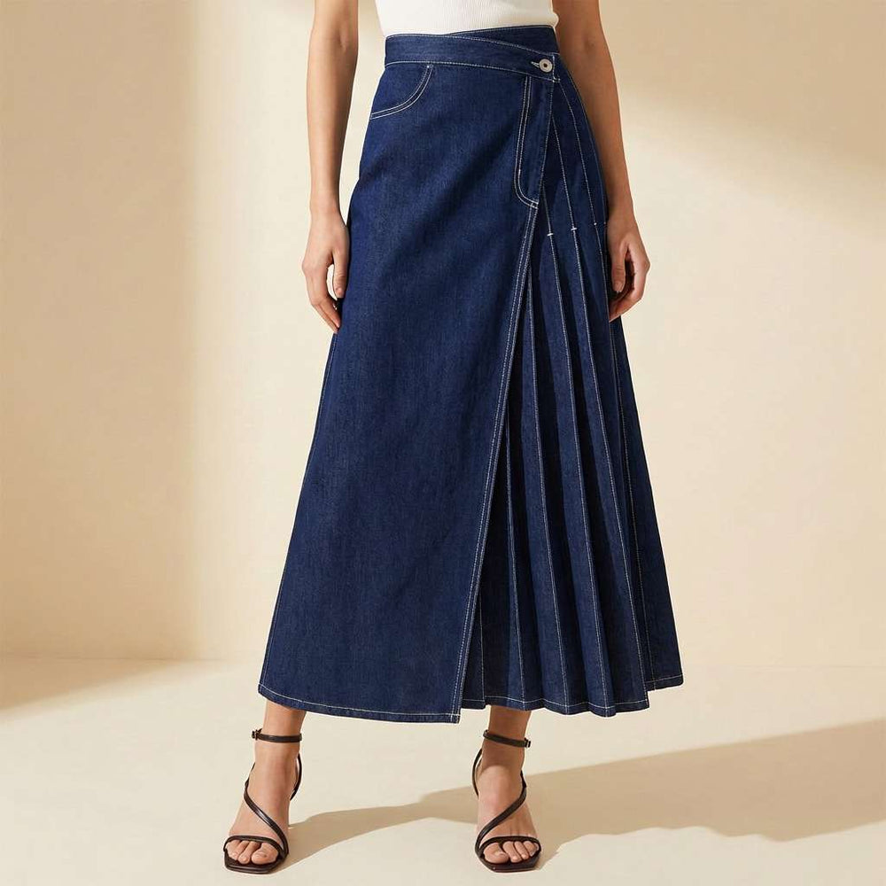 Women's High-Waisted Denim Skirt with Front Slit