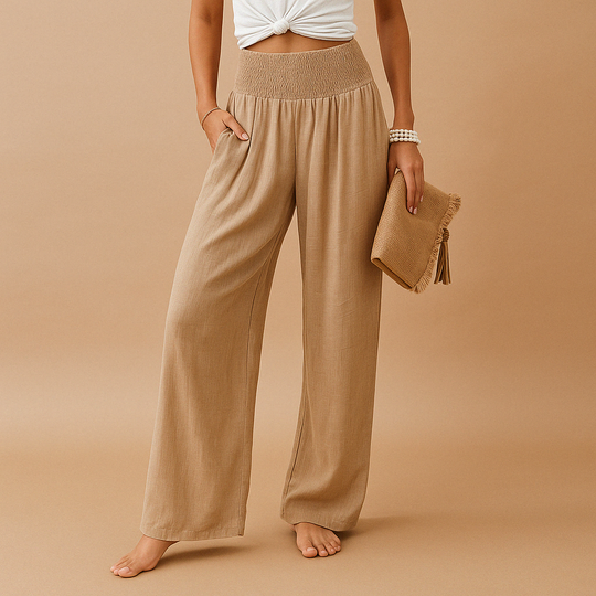 Women’s High-Waisted Linen-Blend Pants – Elastic Straight-Leg Trousers