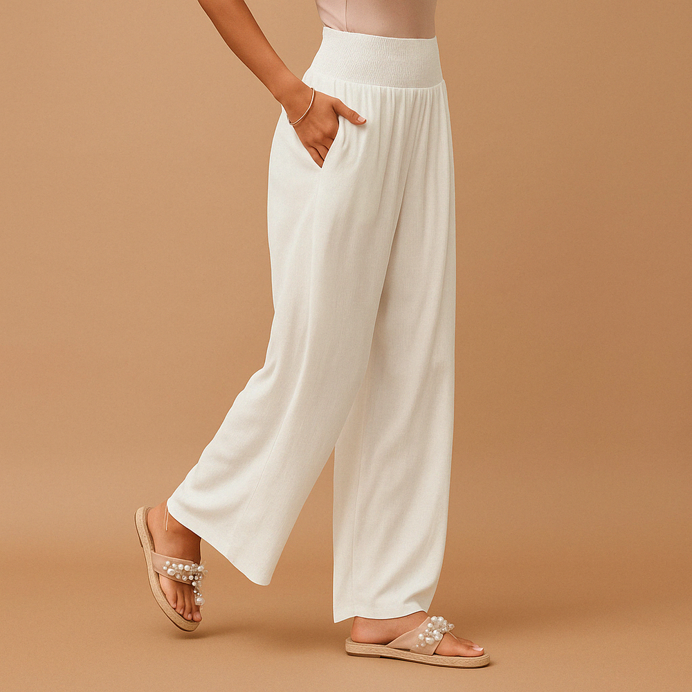Women’s High-Waisted Linen-Blend Pants – Elastic Straight-Leg Trousers