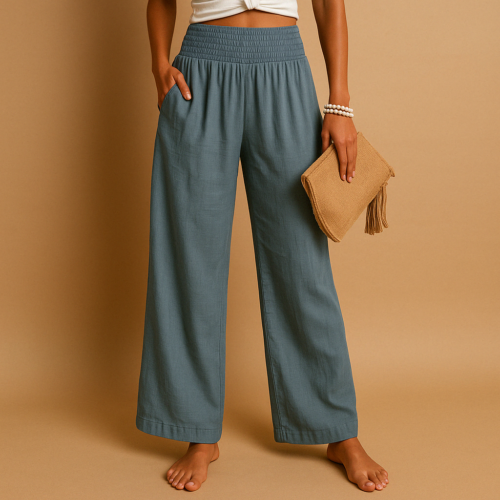 Women’s High-Waisted Linen-Blend Pants – Elastic Straight-Leg Trousers