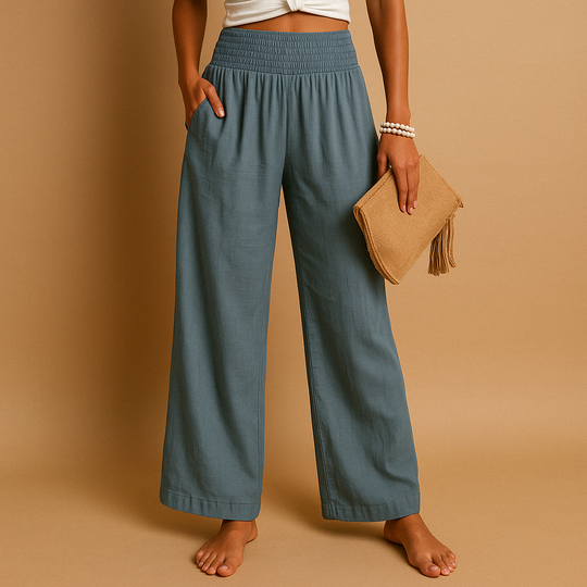 Women’s High-Waisted Linen-Blend Pants – Elastic Straight-Leg Trousers