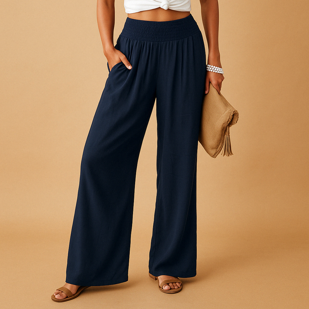 Women’s High-Waisted Linen-Blend Pants – Elastic Straight-Leg Trousers