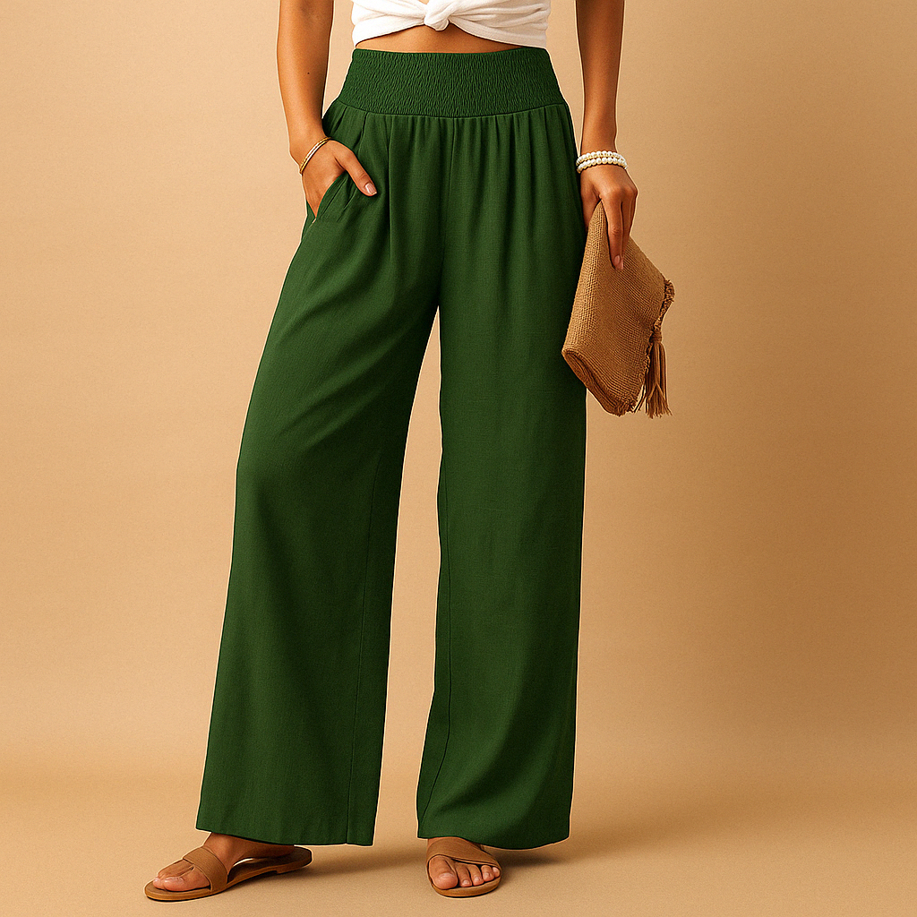 Women’s High-Waisted Linen-Blend Pants – Elastic Straight-Leg Trousers