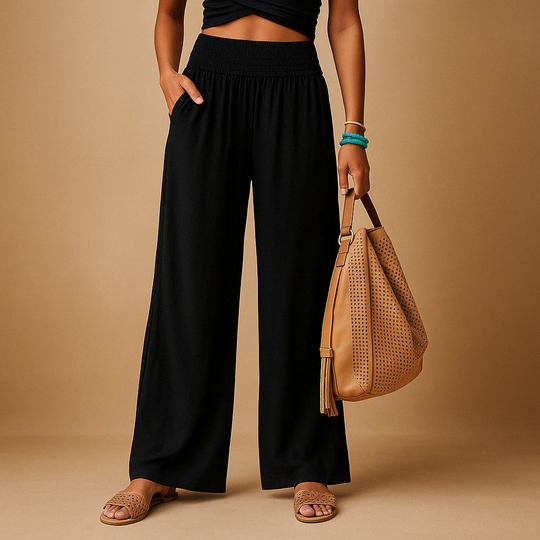 Women’s High-Waisted Linen-Blend Pants – Elastic Straight-Leg Trousers