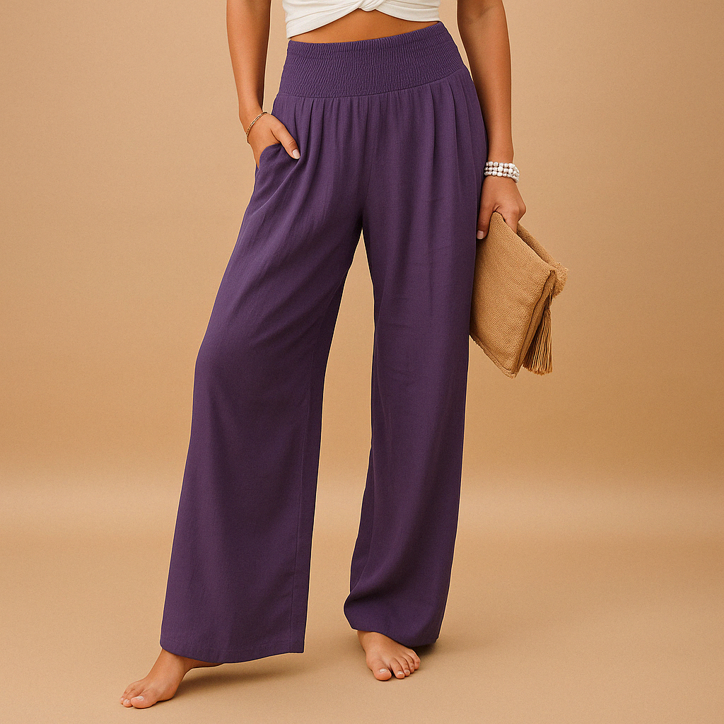 Women’s High-Waisted Linen-Blend Pants – Elastic Straight-Leg Trousers