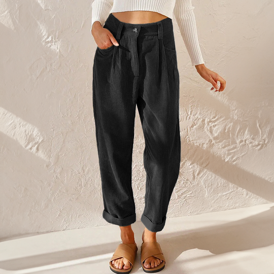Women’s High-Waisted Ribbed Pants – Soft Tapered Casual Trousers