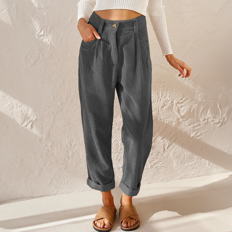 Women’s High-Waisted Ribbed Pants – Soft Tapered Casual Trousers