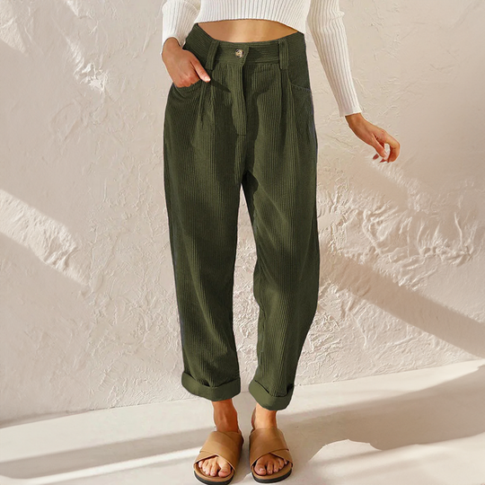 Women’s High-Waisted Ribbed Pants – Soft Tapered Casual Trousers