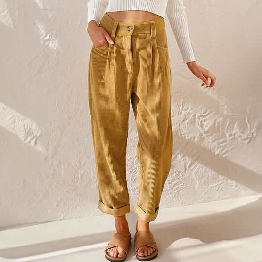 Women’s High-Waisted Ribbed Pants – Soft Tapered Casual Trousers