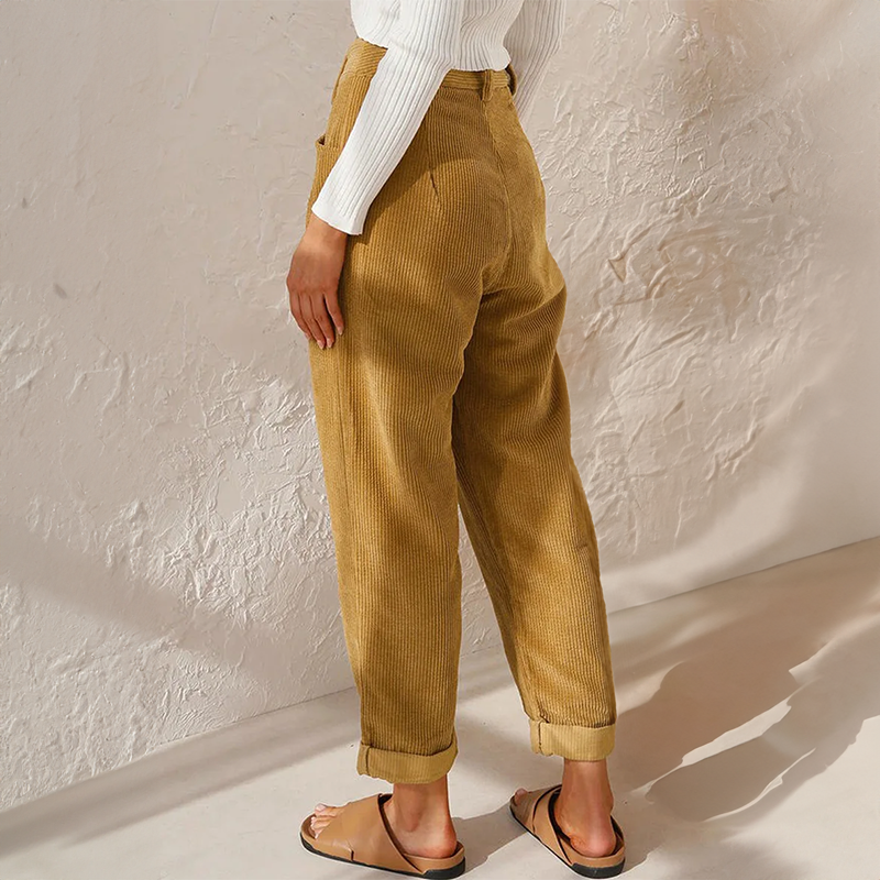 Women’s High-Waisted Ribbed Pants – Soft Tapered Casual Trousers