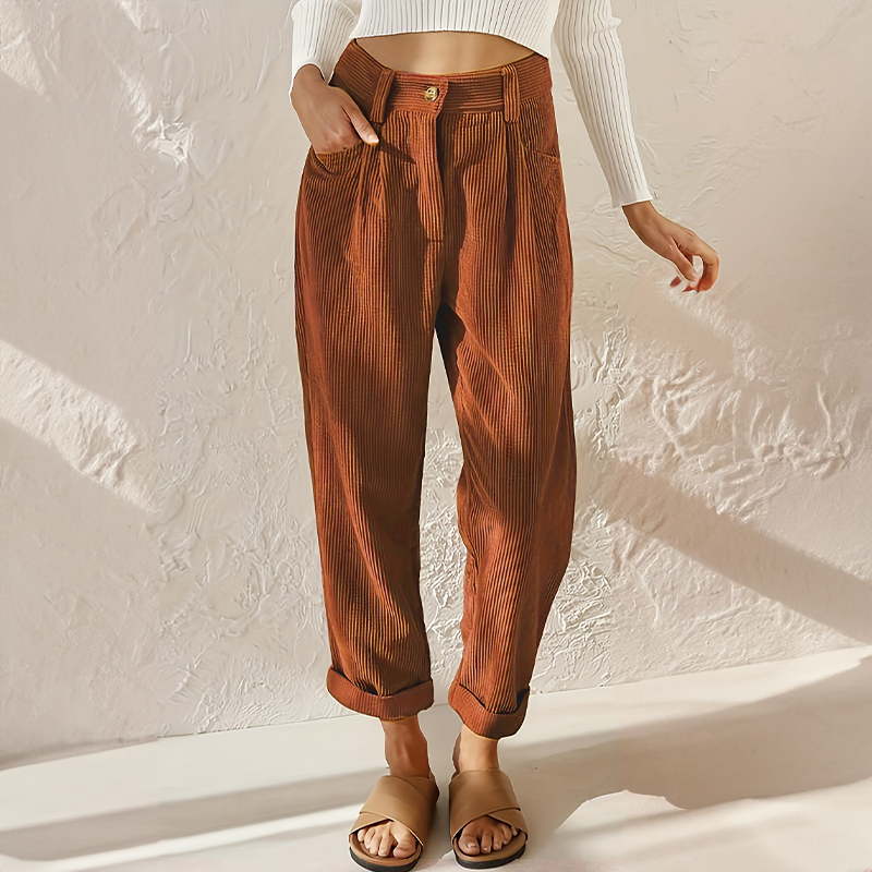 Women’s High-Waisted Ribbed Pants – Soft Tapered Casual Trousers