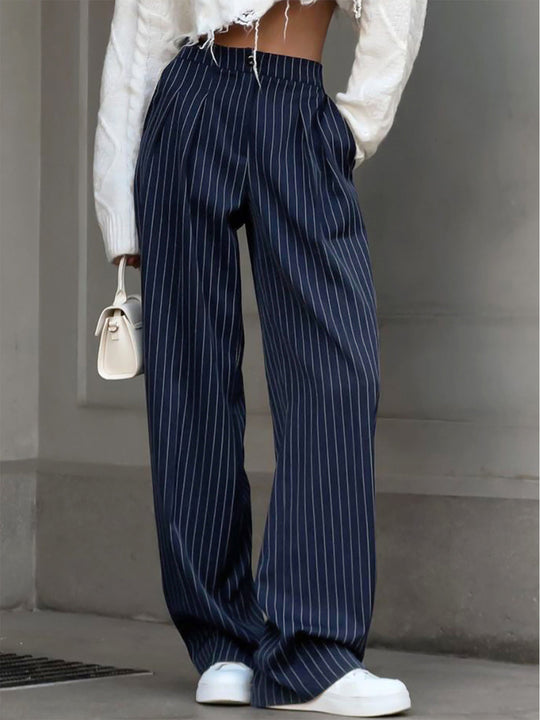 Women’s High-Waisted Striped Pants – Relaxed Wide-Leg Trousers