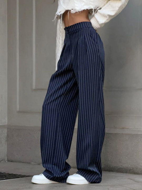 Women’s High-Waisted Striped Pants – Relaxed Wide-Leg Trousers