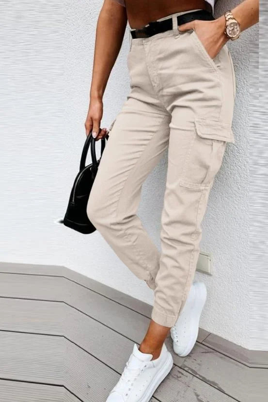 Women's High-Waisted Tapered Cargo Trousers with Utility Pockets