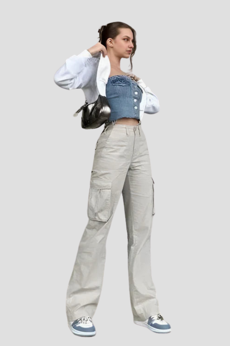 Women's High-Waisted Wide-Leg Cargo Trousers with Adjustable Hems