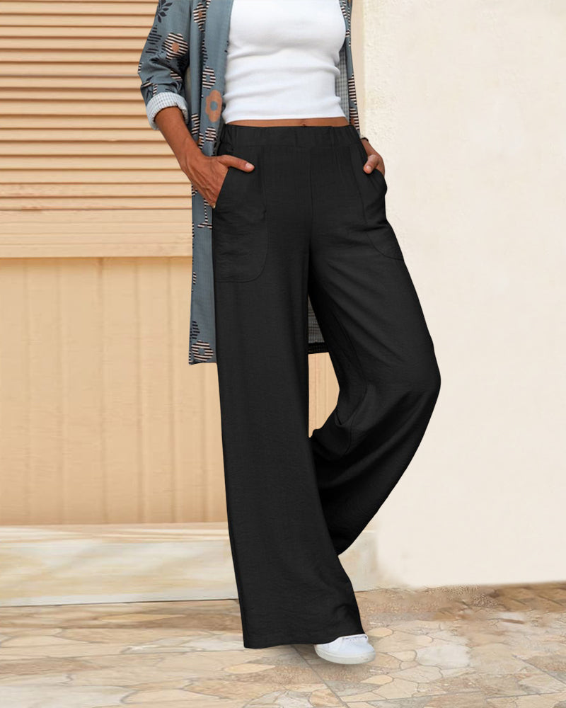 Women’s High-Waisted Wide-Leg Pants – Cotton Blend with Elastic Waist and Pockets