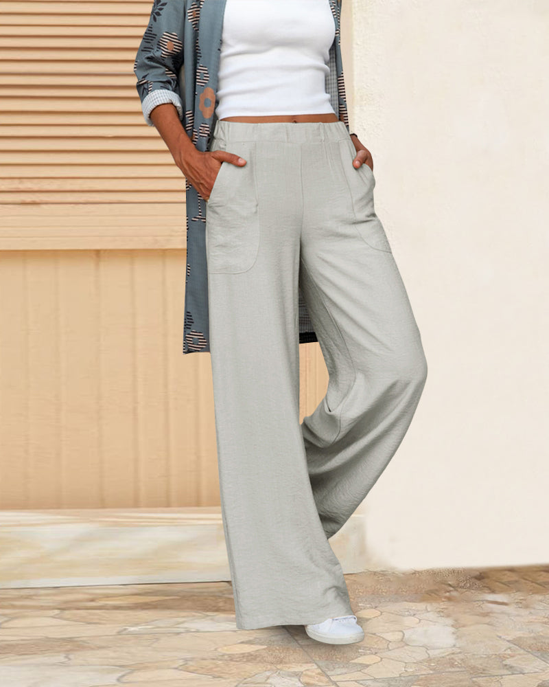 Women’s High-Waisted Wide-Leg Pants – Cotton Blend with Elastic Waist and Pockets