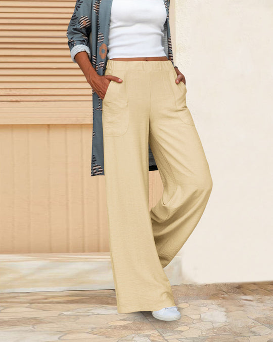 Women’s High-Waisted Wide-Leg Pants – Cotton Blend with Elastic Waist and Pockets