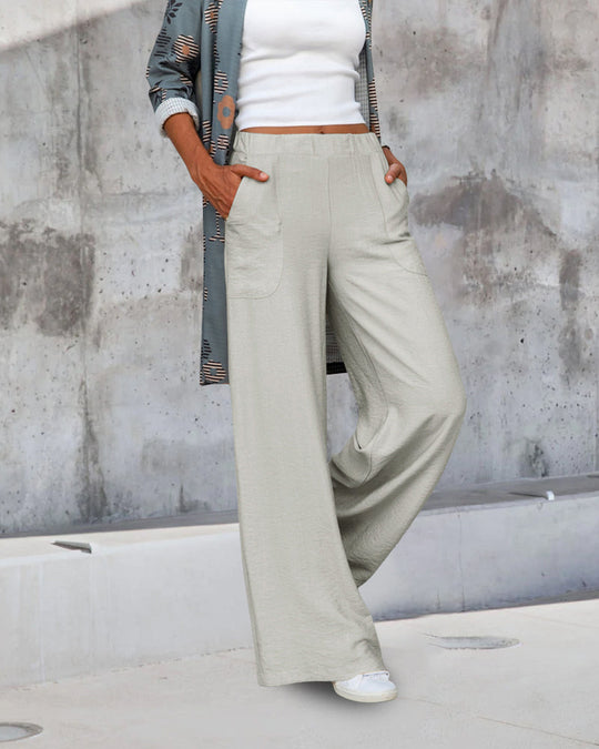 Women’s High-Waisted Wide-Leg Pants – Cotton Blend with Elastic Waist and Pockets