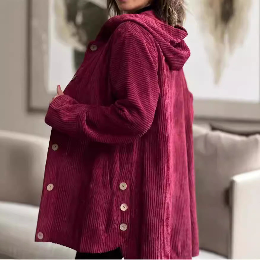Women's Hooded Corduroy Jacket – Mid-Length Button-Front Layer