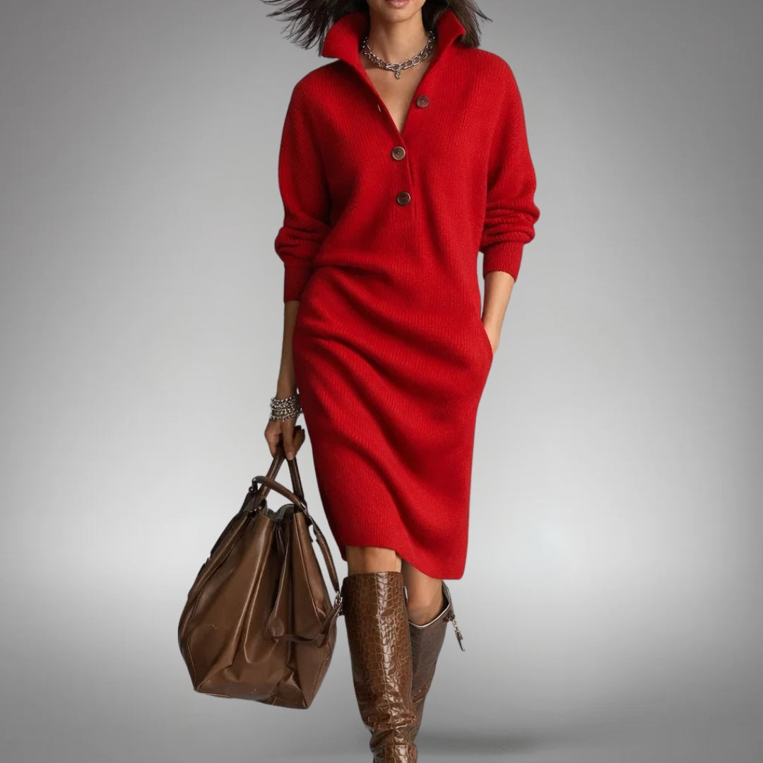 Women’s Knitted Midi Sweater Dress with High Neck and Pockets