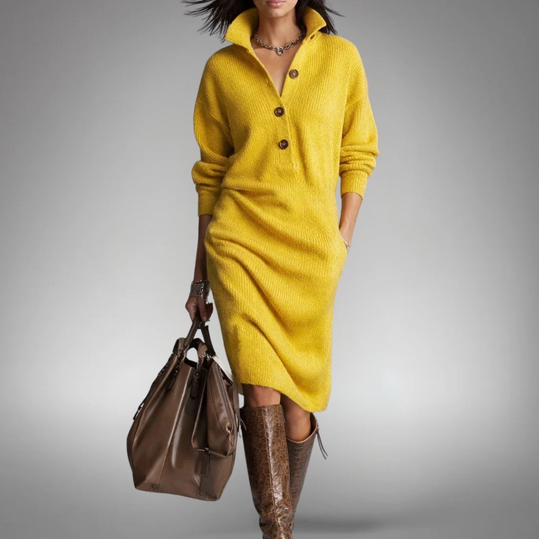 Women’s Knitted Midi Sweater Dress with High Neck and Pockets
