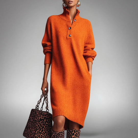 Women’s Knitted Midi Sweater Dress with High Neck and Pockets