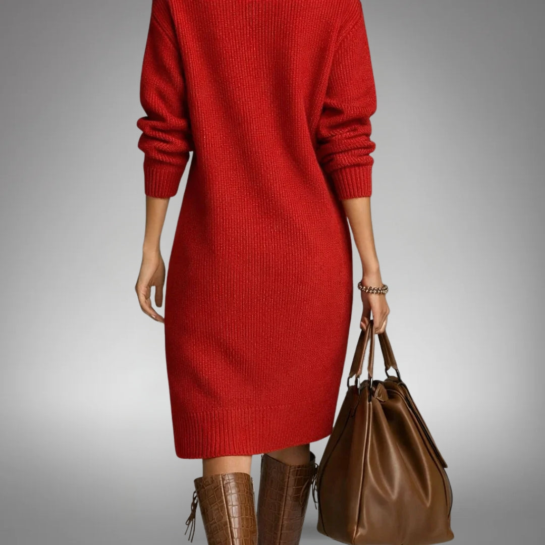 Women’s Knitted Midi Sweater Dress with High Neck and Pockets