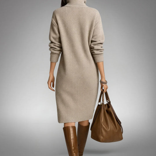 Women’s Knitted Midi Sweater Dress with High Neck and Pockets