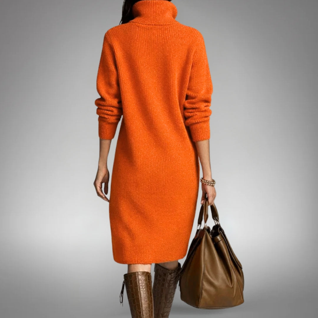 Women’s Knitted Midi Sweater Dress with High Neck and Pockets