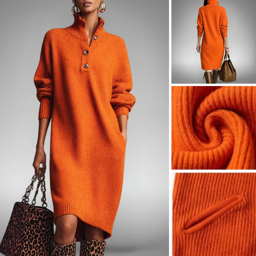 Women’s Knitted Midi Sweater Dress with High Neck and Pockets