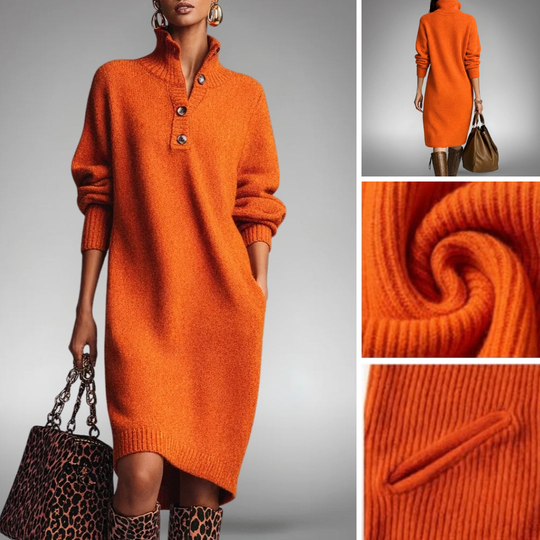 Women’s Knitted Midi Sweater Dress with High Neck and Pockets
