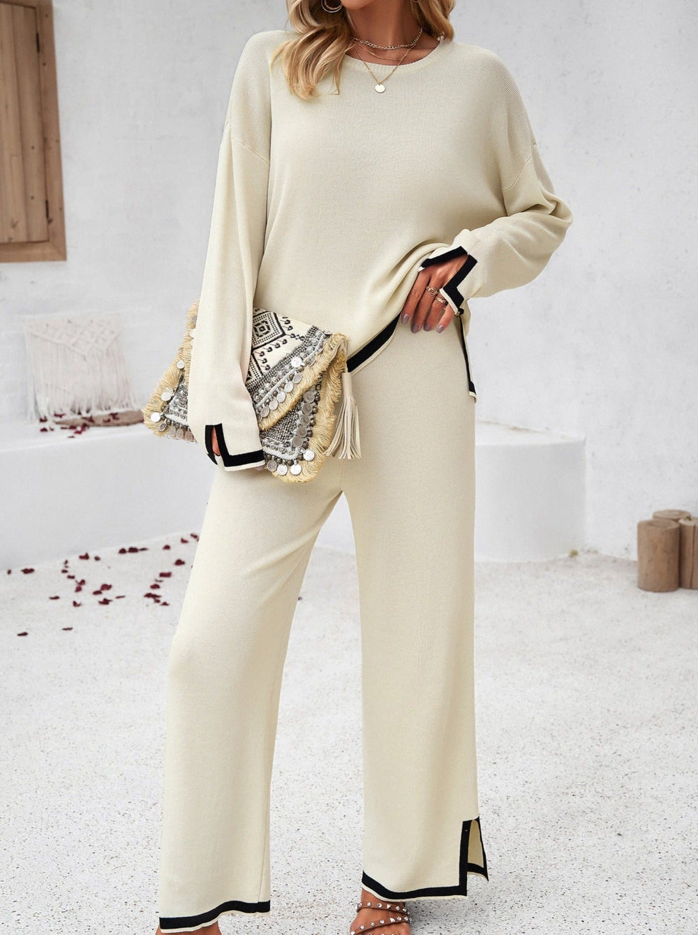 Women's Knitted Trouser Set – Crew-Neck Top and Wide-Leg Trousers