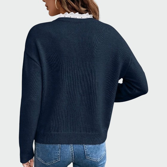 Women’s Lace-Trim V-Neck Sweater – Soft Long-Sleeve Knit