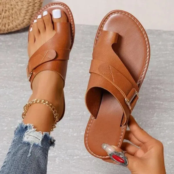 Women's Leather Buckle Slide Sandals – Cushioned Flat Summer Shoes