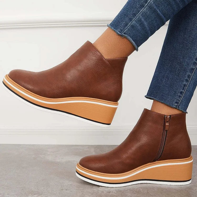 Women's Leather Platform Ankle Boots – Side Zip and Cushioned Sole
