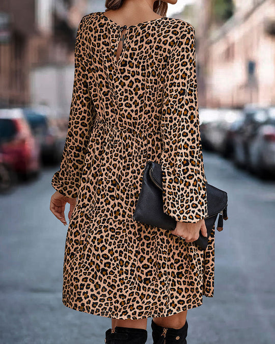 Women’s Leopard Print Mini Dress – Loose Long-Sleeve Style