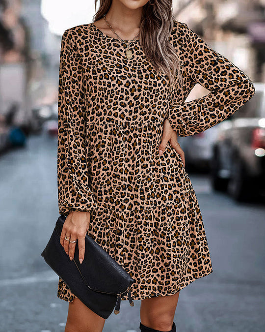Women’s Leopard Print Mini Dress – Loose Long-Sleeve Style
