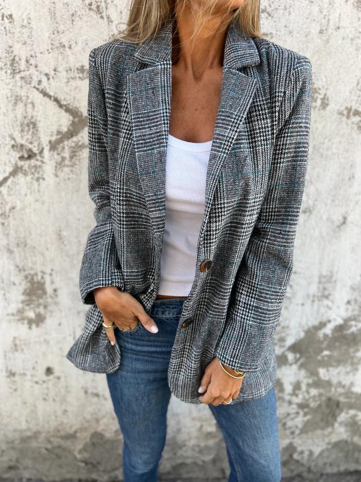 Women's Lightweight Checked Blazer with Long Tailored Collar