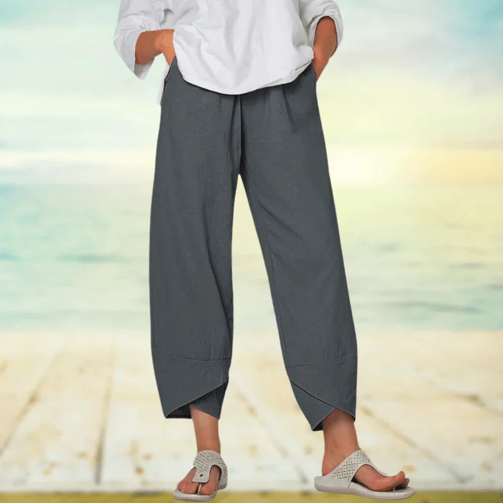 Women's Lightweight Cotton Wide-Leg Summer Trousers with Elastic Waist