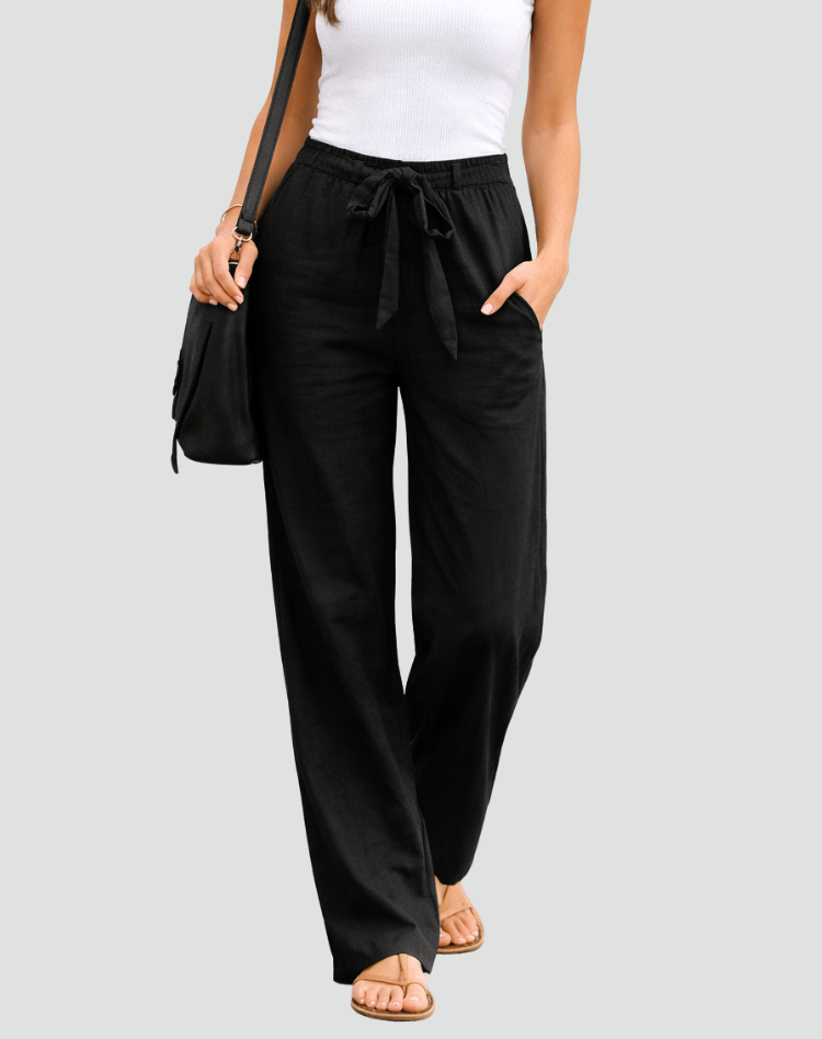 Women's Lightweight Linen Wide-Leg Trousers with Drawstring Waist