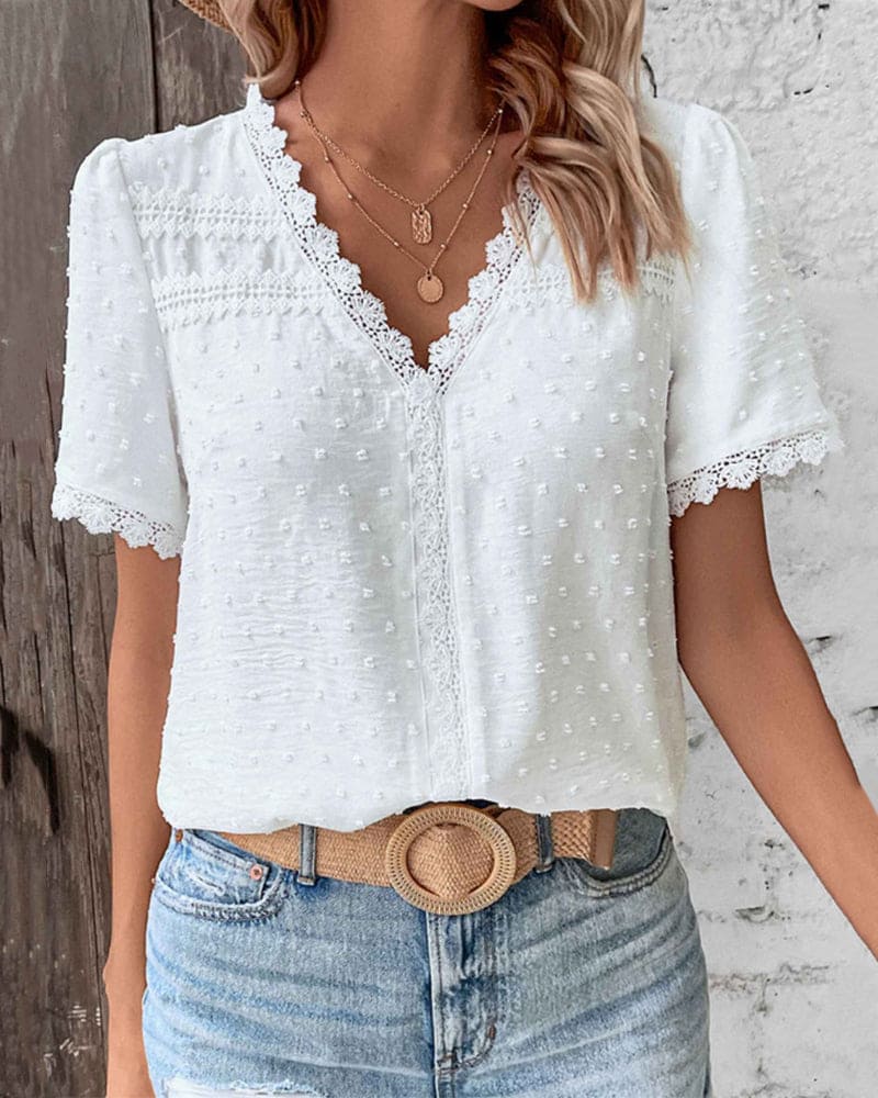 Women's Lightweight Short-Sleeve Lace Blouse for Office and Summer