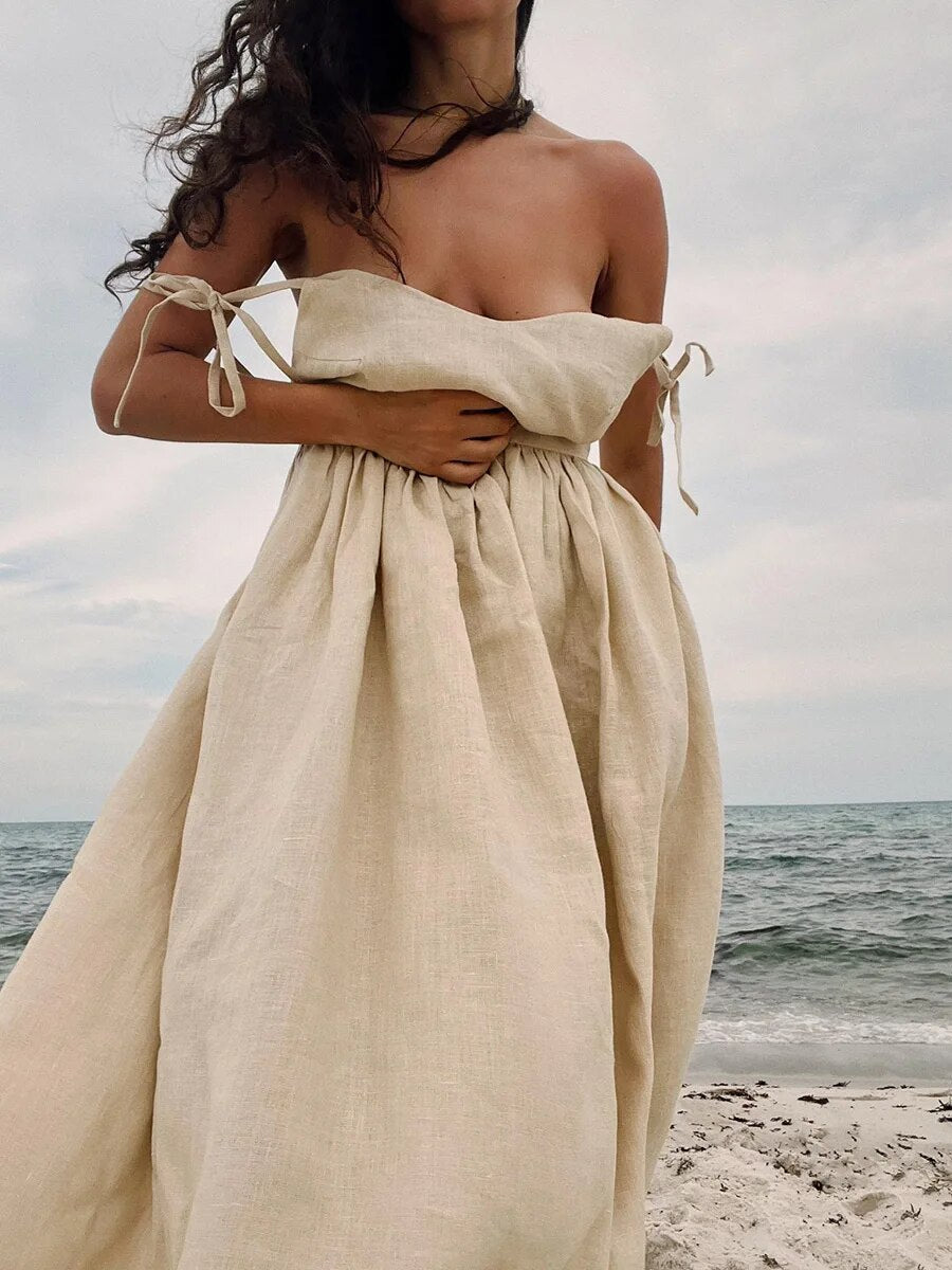 Women's Linen-Blend Maxi Dress – Sleeveless Flared Open-Back Summer Style