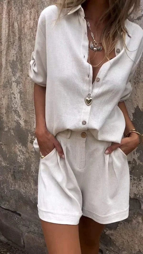Women's Linen-Blend Shirt and Shorts Set – Casual Chic Summer Outfit