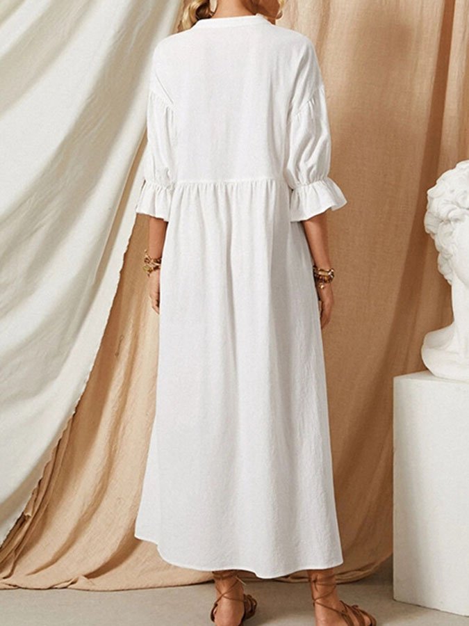 Women's Linen Button-Front Maxi Dress – Puff Sleeves