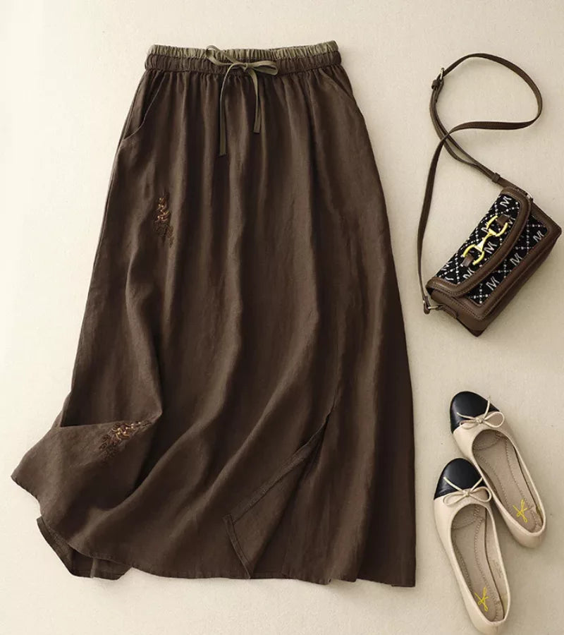 Women's Linen-Cotton A-Line Midi Skirt with Drawstring Waist