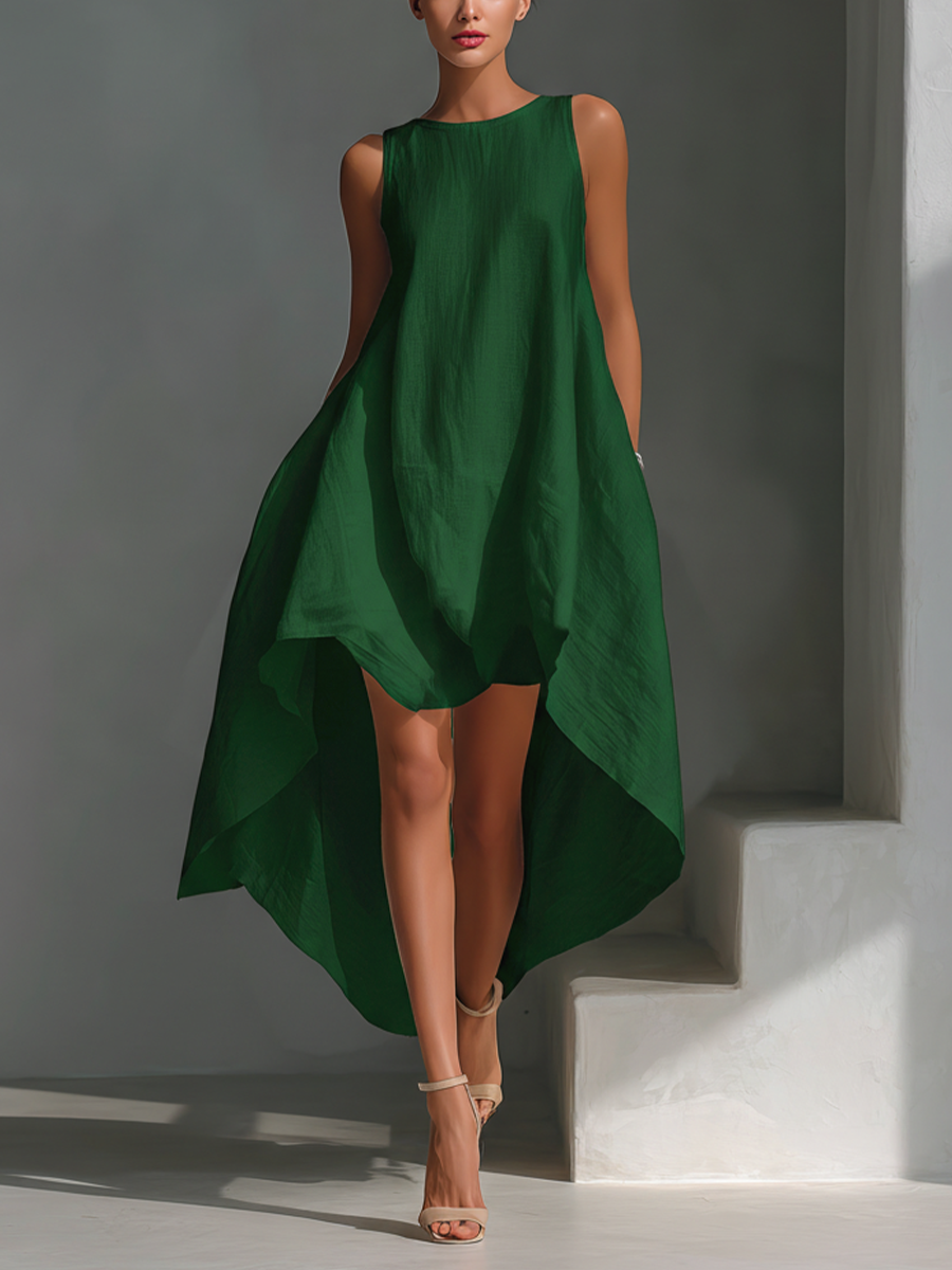 Women’s Linen Midi Dress – Sleeveless with Asymmetrical Hem